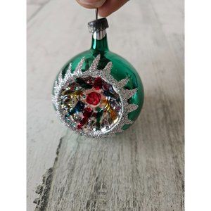 Vintage indent green silver glitter ball ornament reflector Xmas tree